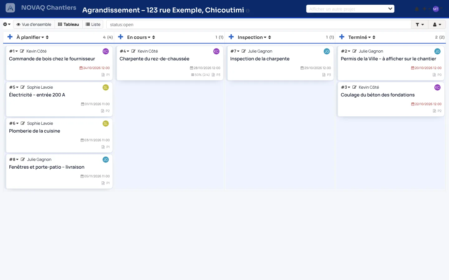 Tableau d'un chantier d'agrandissement : à planifier, en cours, inspection, terminé